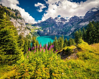 Oeschinensee Gölü 'nün muhteşem yaz manzarası. Arka planda Bluemlisalp dağının olduğu İsviçre Alpleri 'nin harika açık hava manzarası, Kandersteg köyü, İsviçre, Avrupa.