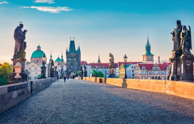 Charles Köprüsü 'nün Vltava Nehri' ndeki (Karluv Most) heykelleri ve Assisi Kilisesi 'nden Aziz Francis' in romantik sabah manzarası. Prag, Çek Cumhuriyeti, Avrupa 'nın renkli yaz şehirleri.