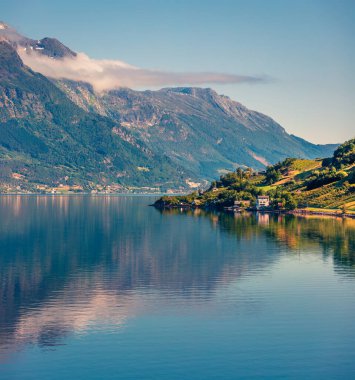 Norveç 'in Hordaland ilçesinde bulunan Ullensvang belediyesinin Lofthus köyünde aydınlık bir yaz sabahı. Kırsal konseptin güzelliği.