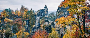 Bastei Köprüsü 'nün yağmurlu sonbahar manzarası. Sakson İsviçre Ulusal Parkı, Almanya, Avrupa 'nın muhteşem sabah manzarası. Doğa konseptinin güzelliği.