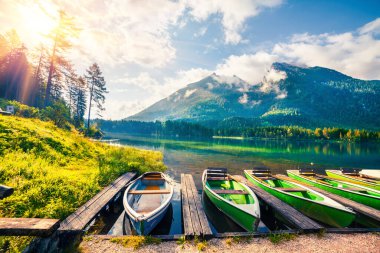 Hintersee Gölü 'nün resimli yaz gündoğumu. Avusturya Alpleri, Salzburg-Umgebung bölgesi, Avusturya, Avrupa 'nın renkli sabah manzarası. Doğa konseptinin güzelliği.