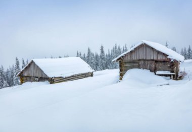 Terk edilmiş dağ köyünde karlı bir kış günü. Karpat Dağları 'nın buzlu açık hava sahnesi, Yeni Yıl Kutlamaları konsepti. İşlenmiş fotoğraf sonrası sanatsal stil.