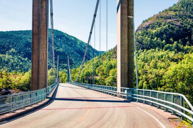 Fiyort üzerindeki köprünün tipik Norveç manzarası. Norveç 'te renkli bir yaz sabahı. Seyahat konsepti geçmişi. İşlenmiş fotoğraf sonrası sanatsal stil.