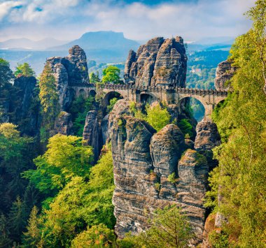 Saxon İsviçre Ulusal Parkı 'ndaki kumtaşı uçurumunun muhteşem bir sabah manzarası. Arka planda Bastei köprüsü var. Almanya 'nın, Saksonya' nın, Avrupa 'nın çarpıcı yaz manzarası. Seyahat konsepti arka planı.