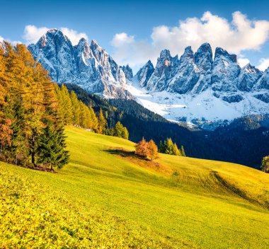 Geisler ya da Odle Dolomites Grubu 'nun önündeki Santa Maddalena köyünün harika manzarası. Dolomite Alpleri 'nin renkli sonbahar sahnesi, İtalya, Avrupa. Kırsal konseptin güzelliği.