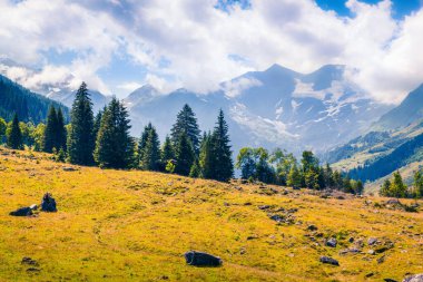 Grossglockner Dağları 'nın yaz sabahı manzarası Grossglockner High Alpine Yolu' ndan. Avusturya Alpleri, Zell am See bölgesindeki Piquresque açık hava sahnesi, Avusturya, Avrupa 'da Salzburg eyaleti. İşlenmiş fotoğraf sonrası sanatsal stil.