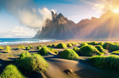 Stoksnes burnundaki yeşil kumulların yaz manzarasında arka planda Vestrahorn (Batman) dağı, güneydoğu İzlanda, Avrupa. Doğa konseptinin güzelliği.