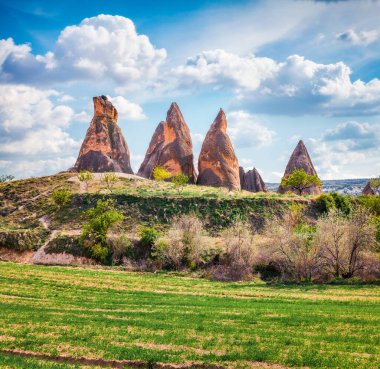 Cappadocia 'nın güneşli yaz manzarası. Kırmızı Gül Vadisi 'nin muhteşem sabah manzarası. Nevsehir ilçesinin bulunduğu Cavusin köyü, Türkiye, Asya. Seyahat konsepti arka planı.