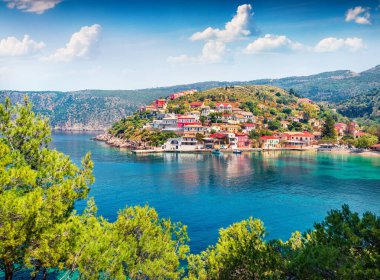 Impressive morning cityscape of Asos village on the west coast of the island of Cephalonia, Greece, Europe. Colorful spring sescape of Ionian Sea. Traveling concept background. clipart