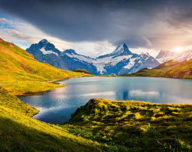 Bachalpsee gölünde Schreckhorn ve Wetterhorn tepeleriyle dolu renkli bir yaz akşamıydı. İsviçre Bernese Alpleri, İsviçre, Avrupa 'da yeşil sabah sahnesi. Doğa konseptinin güzelliği