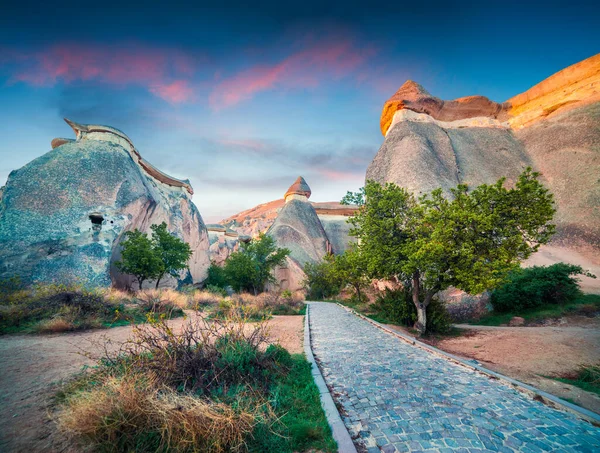 在土耳其中安纳托利亚地区内韦西希尔省卡帕多西亚Cavusin村附近的峡谷中 发现了令人毛骨悚然的砂岩 自然美概念背景 — 图库照片