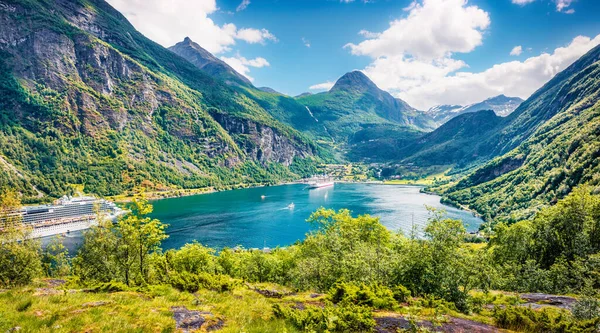 Splendid Summer Scene Geiranger Port Western Norway Aerial Morning View — Stock Photo, Image