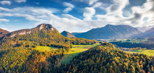 View Flying Drone Panoramic Autumn View Altaussee Village Aerial Morning — Stock Photo, Image