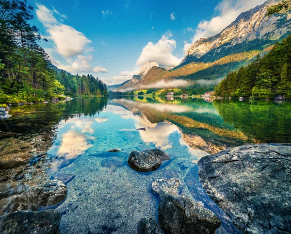 Spiegelung Des Blauen Himmels Klaren Wasser Des Hintersees Bunter Sommermorgen — Stockfoto