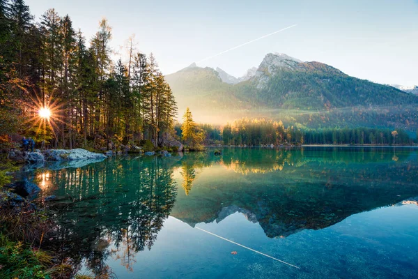 Traumhafter Herbstsonnenaufgang Hintersee Toller Morgenblick Auf Die Bayerischen Alpen Der — Stockfoto