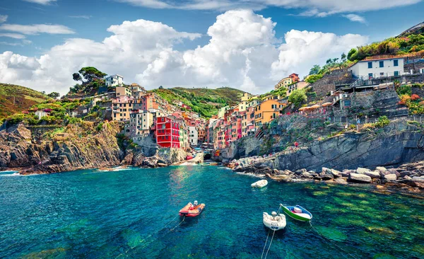 Sunny Summer View Riomaggiore Cique Terre Sequence Hill Cities Wonderful — Stock Photo, Image