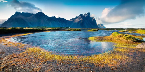 Colorful Panorama Stokksnes Headland Southeastern Icelandic Coast Iceland Europe Artistic — Stock Photo, Image