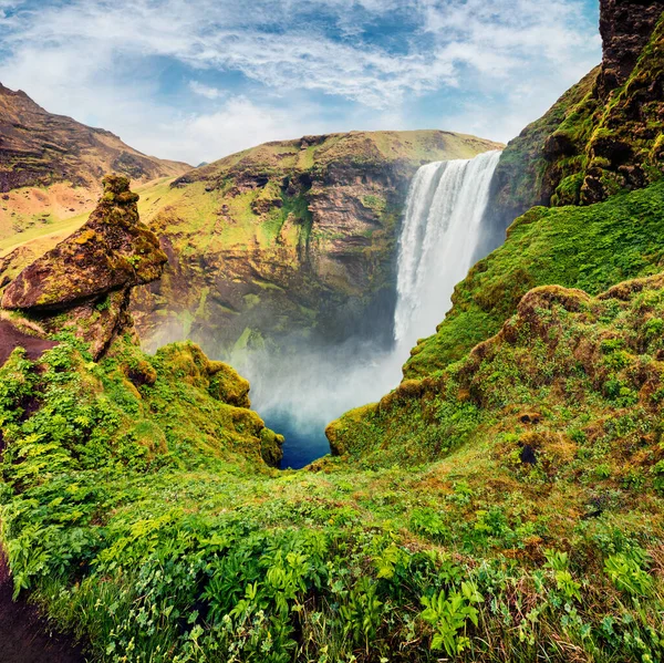 Festői Kilátás Skogafoss Vízesésre Skoga Folyón Fényes Nyári Kilátás Izlandra — Stock Fotó