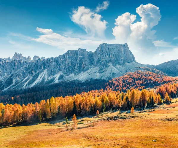 Malerischer Morgenblick Vom Gipfel Des Giau Passes Farbenfrohe Herbstlandschaft Den — Stockfoto