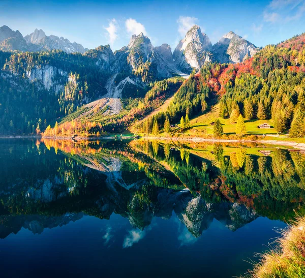 Beeindruckende Herbstlandschaft Vorderer Gosausee Malerischer Morgenblick Auf Die Österreichischen Alpen — Stockfoto