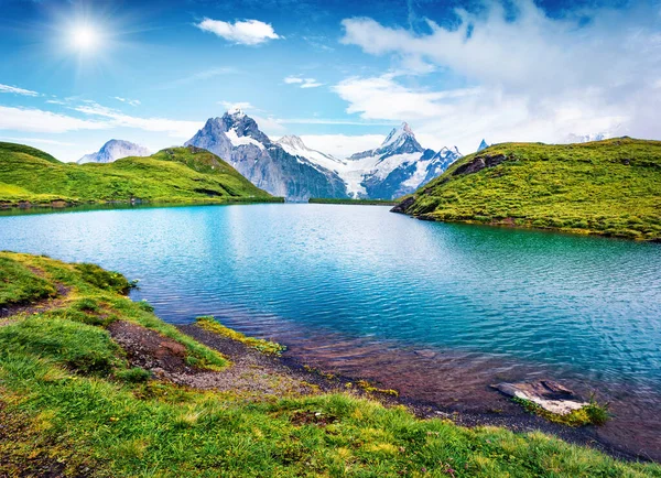 Lago Bachalpsee Niebla Mañana Con Pico Schreckhorn Fondo Escena Verde — Foto de Stock