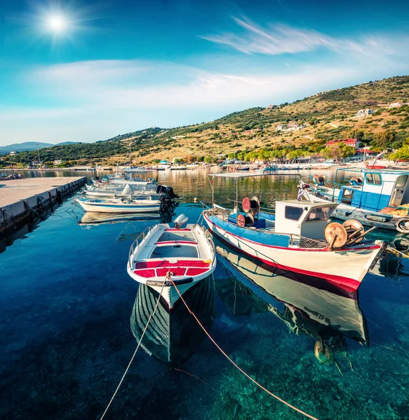Sonnenaufgang Blick Auf Agios Nikolaos Kleiner Hafen Auf Der Insel — Stockfoto