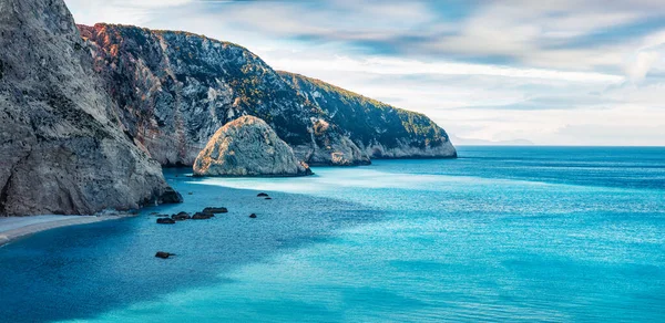 Panoramautsikt Över Porto Katsiki Beach Pittoreska Morgonens Kustlandskap Joniska Havet — Stockfoto