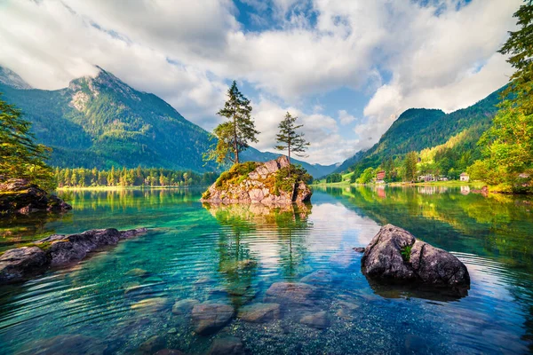 Wspaniała Letnia Scena Jeziora Hintersee Kolorowy Widok Rano Alp Austriackich — Zdjęcie stockowe