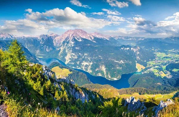 Luftaufnahme Des Königssees Von Der Spitze Der Seilbahn Sonniger Sommermorgen — Stockfoto