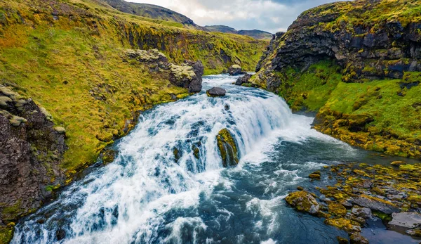 Vista Dal Drone Volante Cascata Sul Fiume Skoga Splendida Vista — Foto Stock