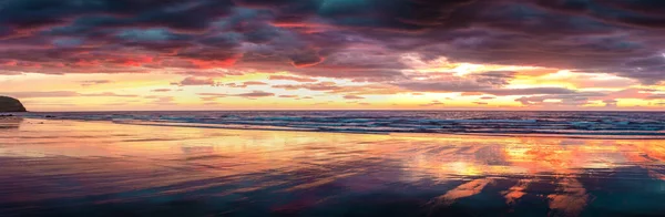 Colorful Panorama Sunset Beach Grundarfjordur Town Night Scene Snaefellsnes Peninsula — Stock Photo, Image