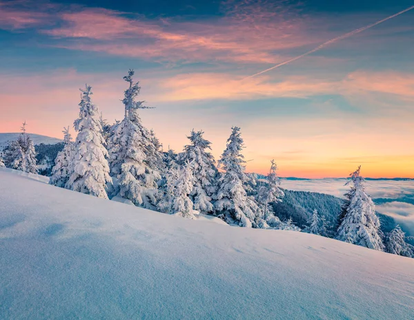 Perfektní Venkovní Scenérie Zimních Hor Nádherný Západ Slunce Karpat Ukrajině — Stock fotografie