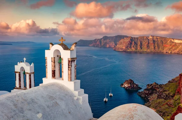 Spektakularna Poranna Scena Wyspy Santorini Fantastyczny Letni Krajobraz Greckiego Kurortu — Zdjęcie stockowe