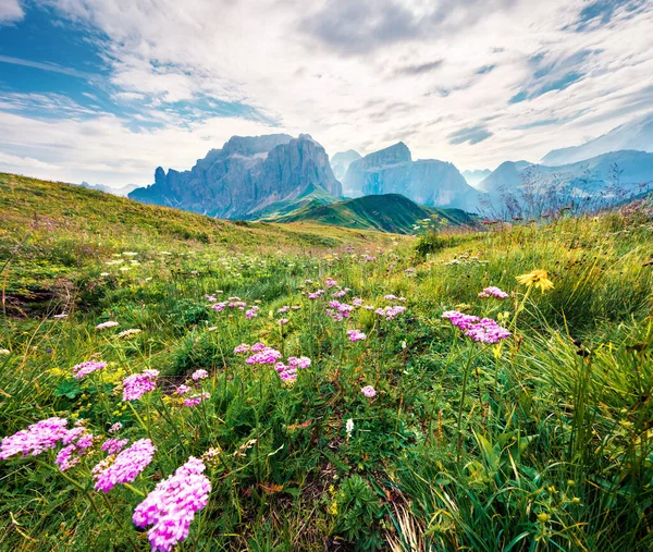 Wspaniałe Lato Przełęczy Sella Górach Piz Boe Scena Poranna Dolomiti — Zdjęcie stockowe