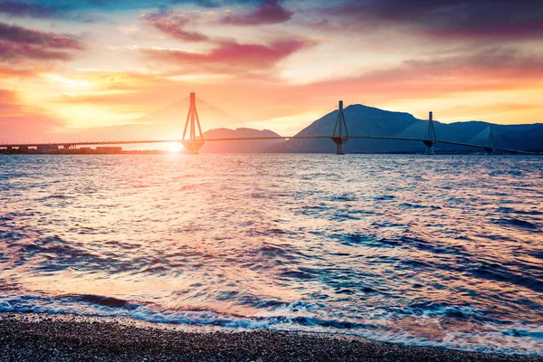 Atemberaubende Landschaft Bei Sonnenuntergang Mit Der Rion Antirion Brücke Fantastische — Stockfoto