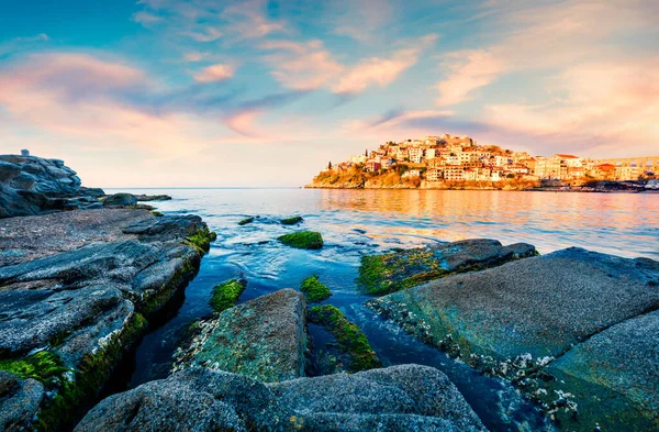 Beautiful Spring View Aegean Sea Coloful Sunrise Kavala City Principal — Stock Photo, Image