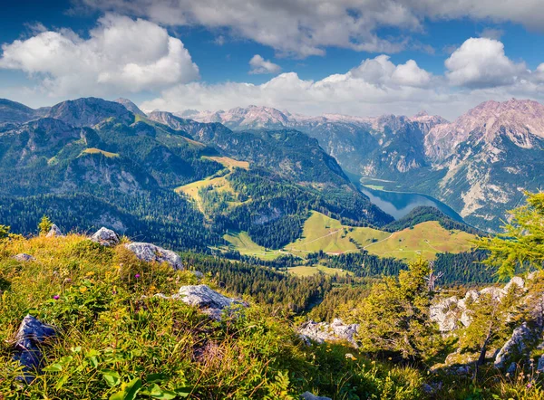 Aerial View Konigsee Lake Top Cableway Sunny Summer Morning Border — Stock Photo, Image