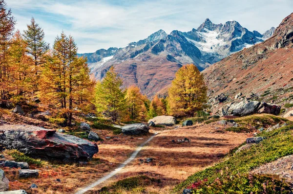 Colorful Morning View Swiss Alps Attractive Autumn Scene Trekking Path — Stock Photo, Image