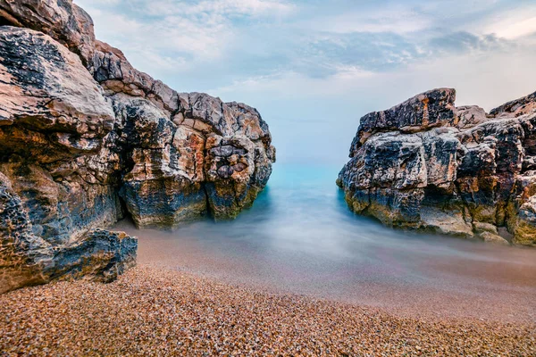 Mesés Tavaszi Kilátás Kanoni Beach Vonzó Reggeli Látványosság Jón Tengeren — Stock Fotó