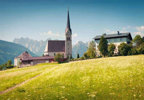 Bright Sunny Morning Gosau Village Christianity Churh Colorful Outdoor Scene Royalty Free Stock Images