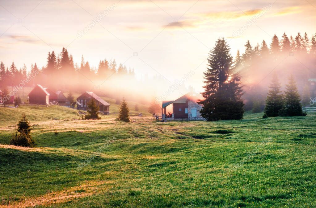 Exciting summer sunrise in Durmitor National Park. Fabulous morning view of Kovachka Dolina village, Montenegro, Europe. Beautiful world of Mediterranean countries. Traveling concept background.
