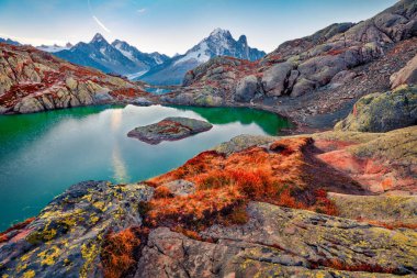 Arka planda Mont Blanc (Monte Bianco) ile Lac Blanc Gölü 'nün büyüleyici sonbahar manzarası, Chamonix konumu. Vallon de Berard Doğa Koruma Alanı, Graian Alpleri, Fransa, Avrupa.
