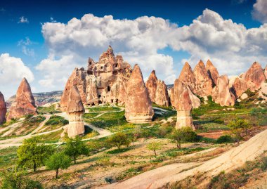 Cappadocia 'nın renkli bahar manzarası. Nisan ayındaki Kırmızı Gül Vadisi manzarası. Nevsehir ilçesinin bulunduğu Cavusin köyü, Türkiye, Asya. Seyahat konsepti arka planı.
