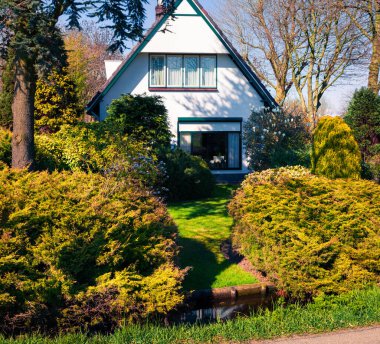 Tipik Hollanda kırsalının güneşli bahar manzarası. Ünlü yel değirmenleri müzesi Kinderdijk, Hollanda, Avrupa yakınlarındaki küçük Alblasserdam kasabasında renkli bir sabah sahnesi.