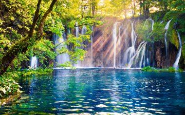 Son güneş ışığı Plitvice Ulusal Parkı 'ndaki saf su şelalesini aydınlatıyor. Mavi göllü yeşil ormanın renkli bahar manzarası. Hırvatistan ve Avrupa 'nın kırsal manzarası harika. Doğa konseptinin güzelliği.