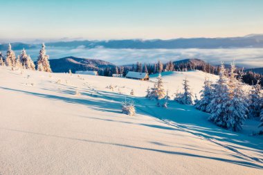 Karpatlar 'daki ilk güneş ışığı parlayan dağ tepeleri ve vadileri. Dağ çiftliğinde, köknar ağaçlarıyla kaplı güneşli kış gündoğumu. Mutlu yeni yıl kutlamaları. Orton Efekti.