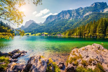 Hintersee gölünde güzel bir yaz sabahı. Avusturya Alpleri, Salzburg-Umgebung bölgesi, Avusturya, Avrupa 'da renkli bir açık hava sahnesi. İşlenmiş fotoğraf sonrası sanatsal stil.