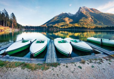 Hintersee Gölü 'nün muhteşem sonbahar sahnesi. Avusturya, Almanya ve Avrupa sınırlarındaki Bavyera Alpleri 'nin renkli sabah manzarası. Seyahat konsepti arka planı.