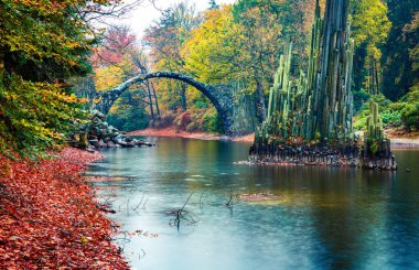 Azalea ve Rhododendron Park Kromlau 'nun yağmurlu sabah manzarası, Almanya, Avrupa. Rakotz Köprüsü 'nün (Rakotzbrucke, Şeytanın Köprüsü) renkli sonbahar sahnesi. Seyahat konsepti arka planı.