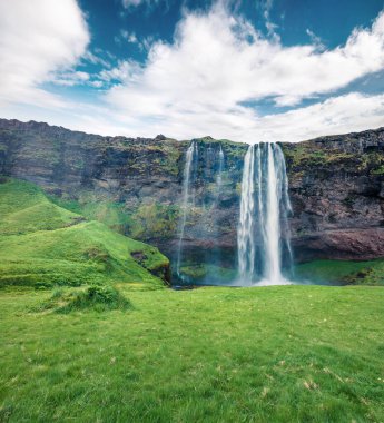 Seljalandfoss Şelalesi 'nin Seljalandsa nehri üzerindeki muhteşem sabah manzarası. İzlanda, Avrupa 'nın etkileyici yaz sahnesi. Doğa konseptinin güzelliği. Instagram filtre tonu.